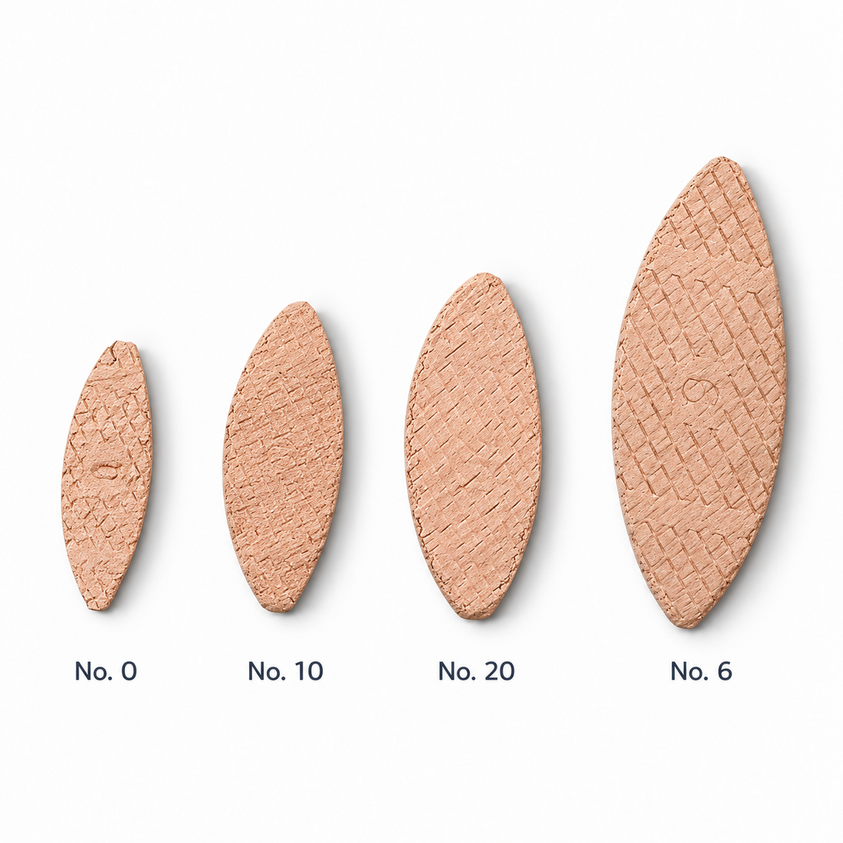 Actual Virutex beechwood joining biscuits No. 0, No. 10, No. 20 and No. 6 size comparison